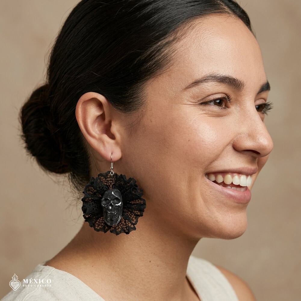 Black Day of the Dead Skull Earrings – Mexican Lace Catrina Style